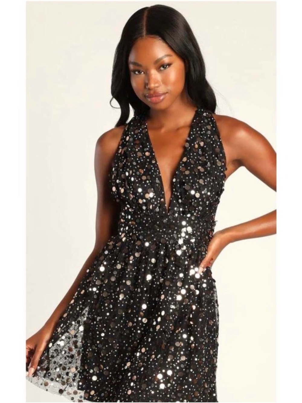 Lulus Shine On You Black Sequin Mini Skater Dress size S
